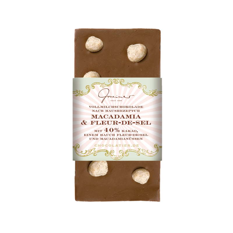 Handgemachte Vollmilch Schokolade Macadamia und Fleur de Sel von der Confiserie Gmeiner