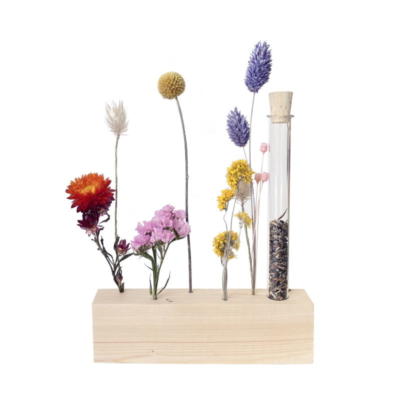 Trockenblumen in Holzständer inklusive Blumensamen in einer Glasröhre